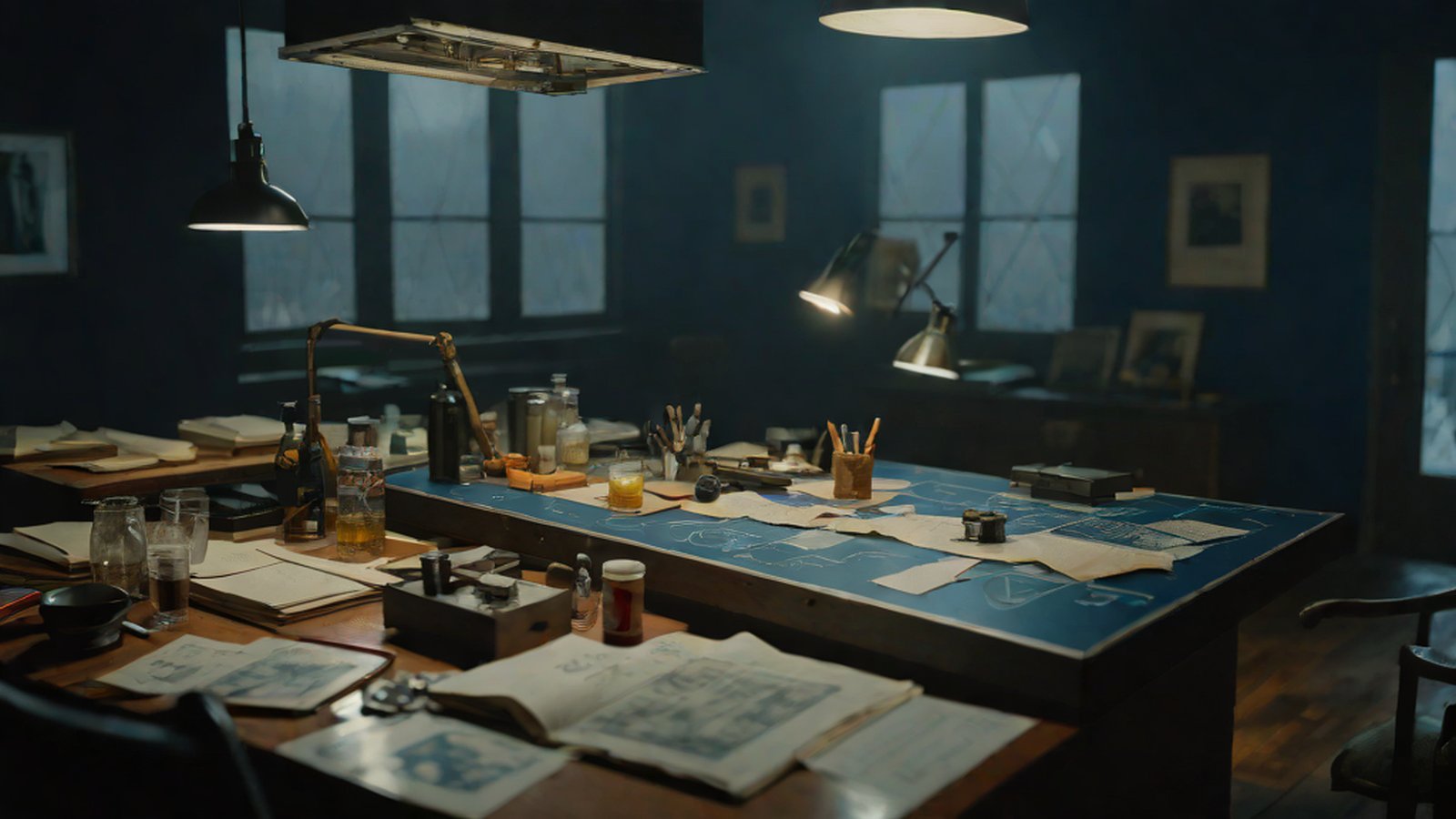 虫眼鏡を持ったAIが、コンピュータ画面内の写真の透明なレイヤーを重ね合わせ、隠されたデータと連結されたタイムラインを分析する様子