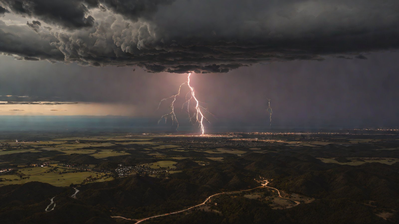 폭풍우가 치는 하늘과 이를 분석하는 디지털 데이터 그리드가 겹쳐진 모습으로, 인공지능이 기상 이변을 예측하는 장면을 형상화함