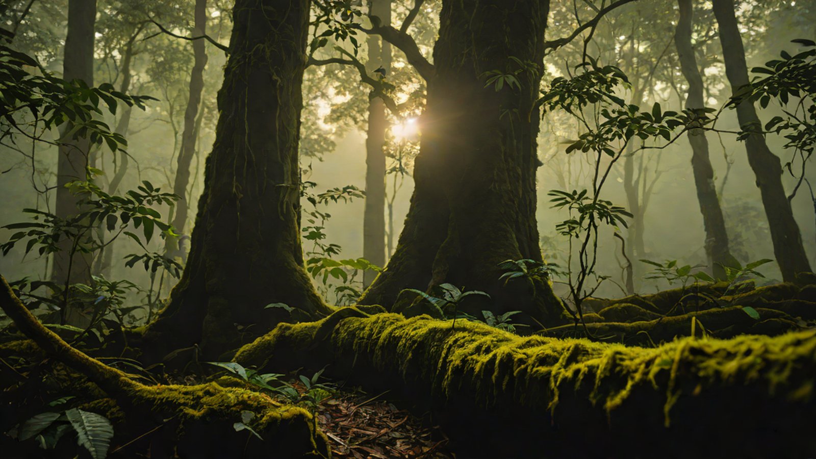 豊かな森と多様な野生動物が調和した自然景観の上に、デジタルデータの網が重なり合った様子