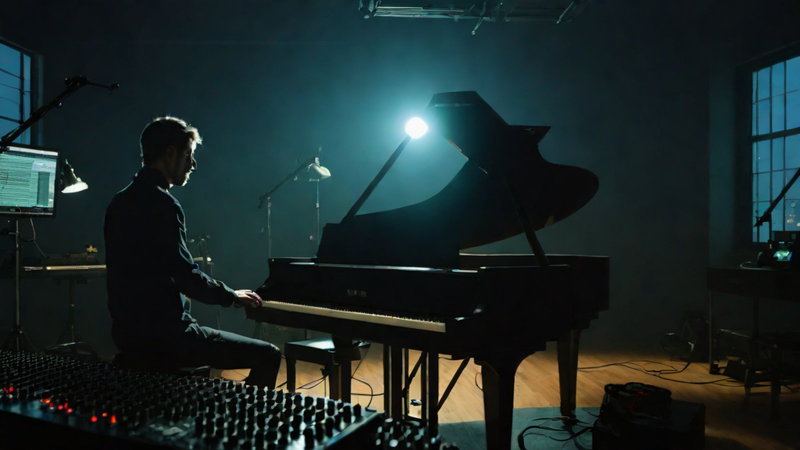 A sophisticated scene of a musician using AI tools in front of a computer for creative music production