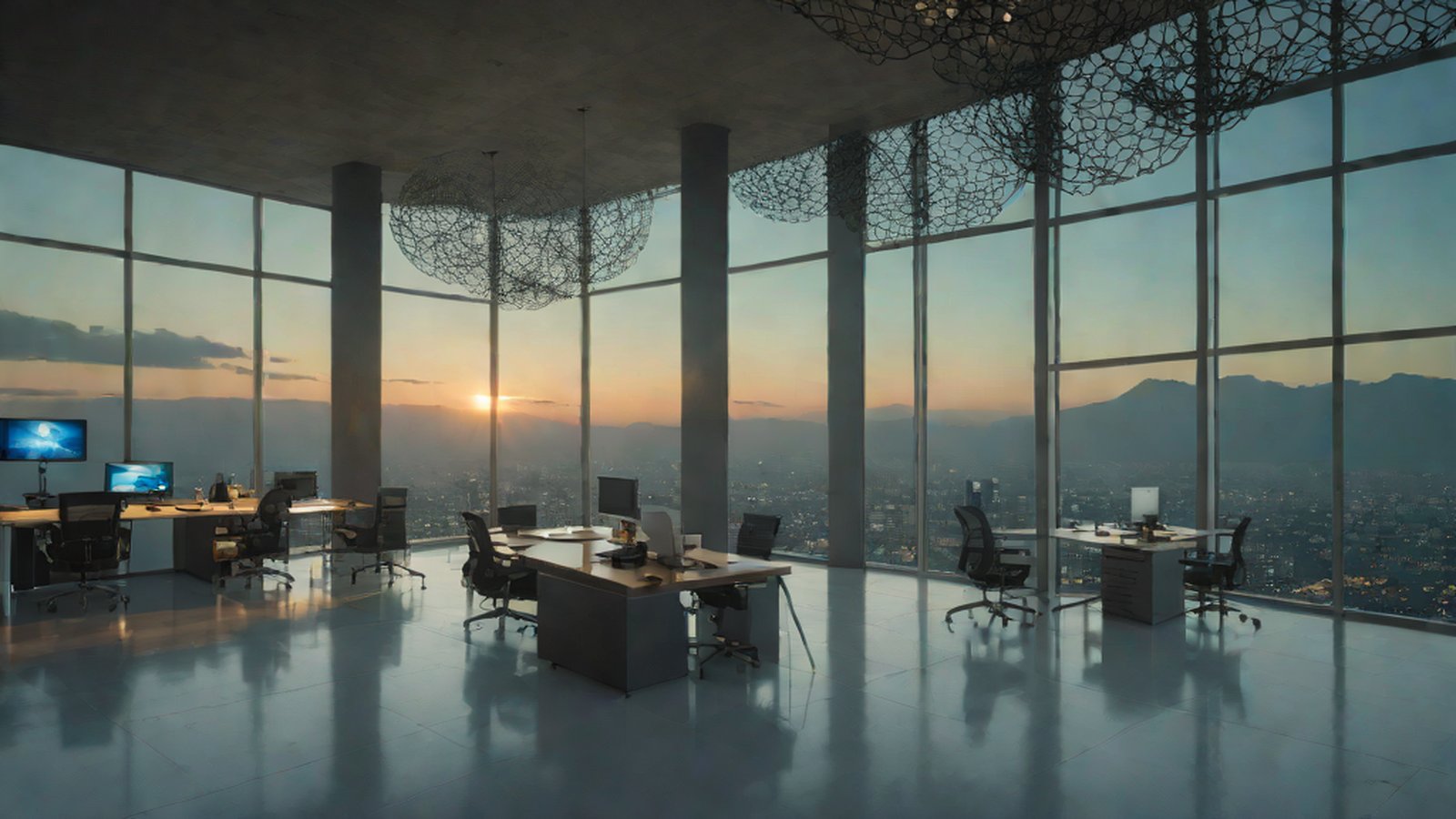 A futuristic scene where a person holds up a single finger in front of a computer screen, while a complex web application structure is automatically generated on the screen.