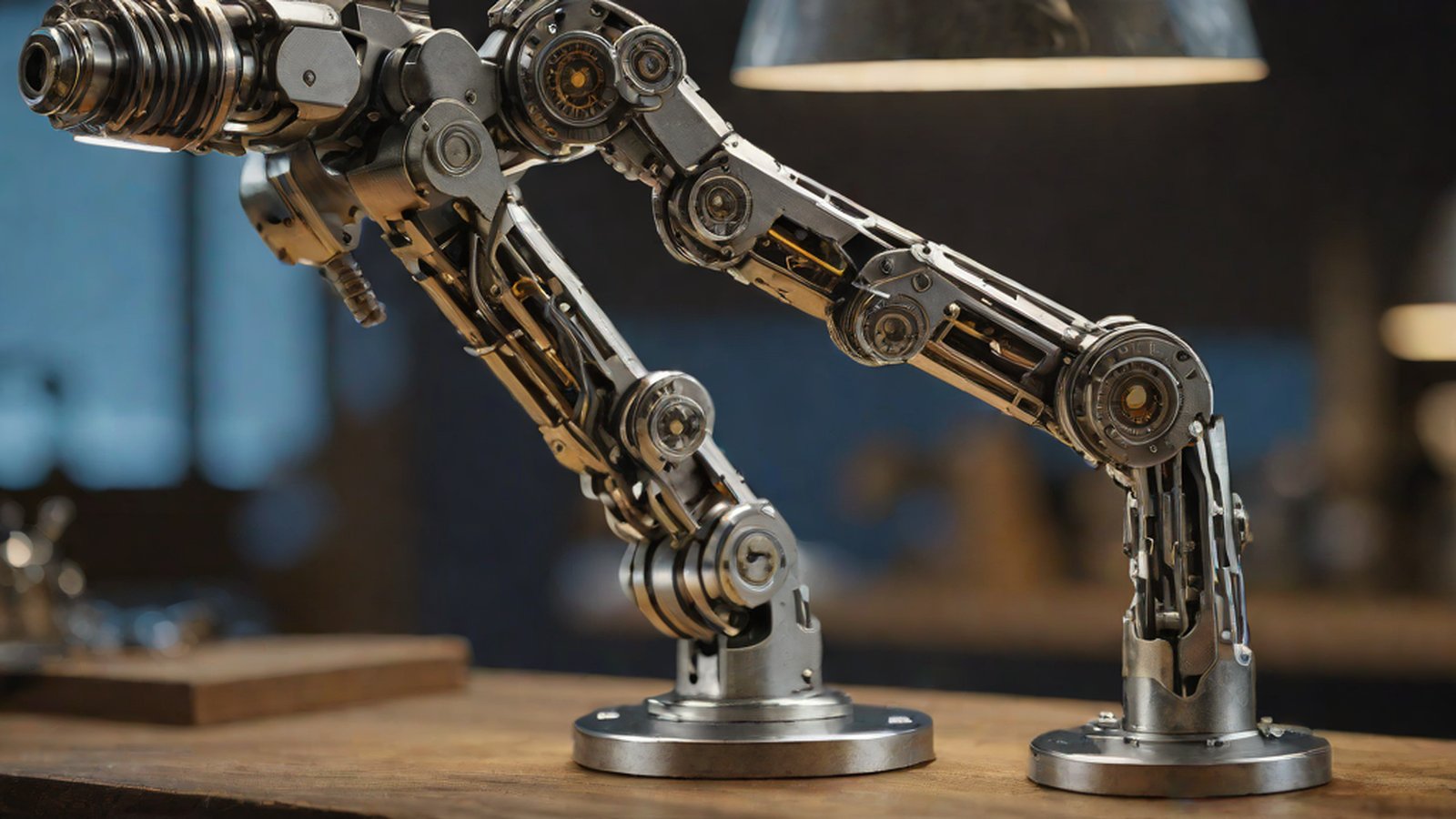 执行各种任务的机械臂及其内部运行的 AI 芯片构想图