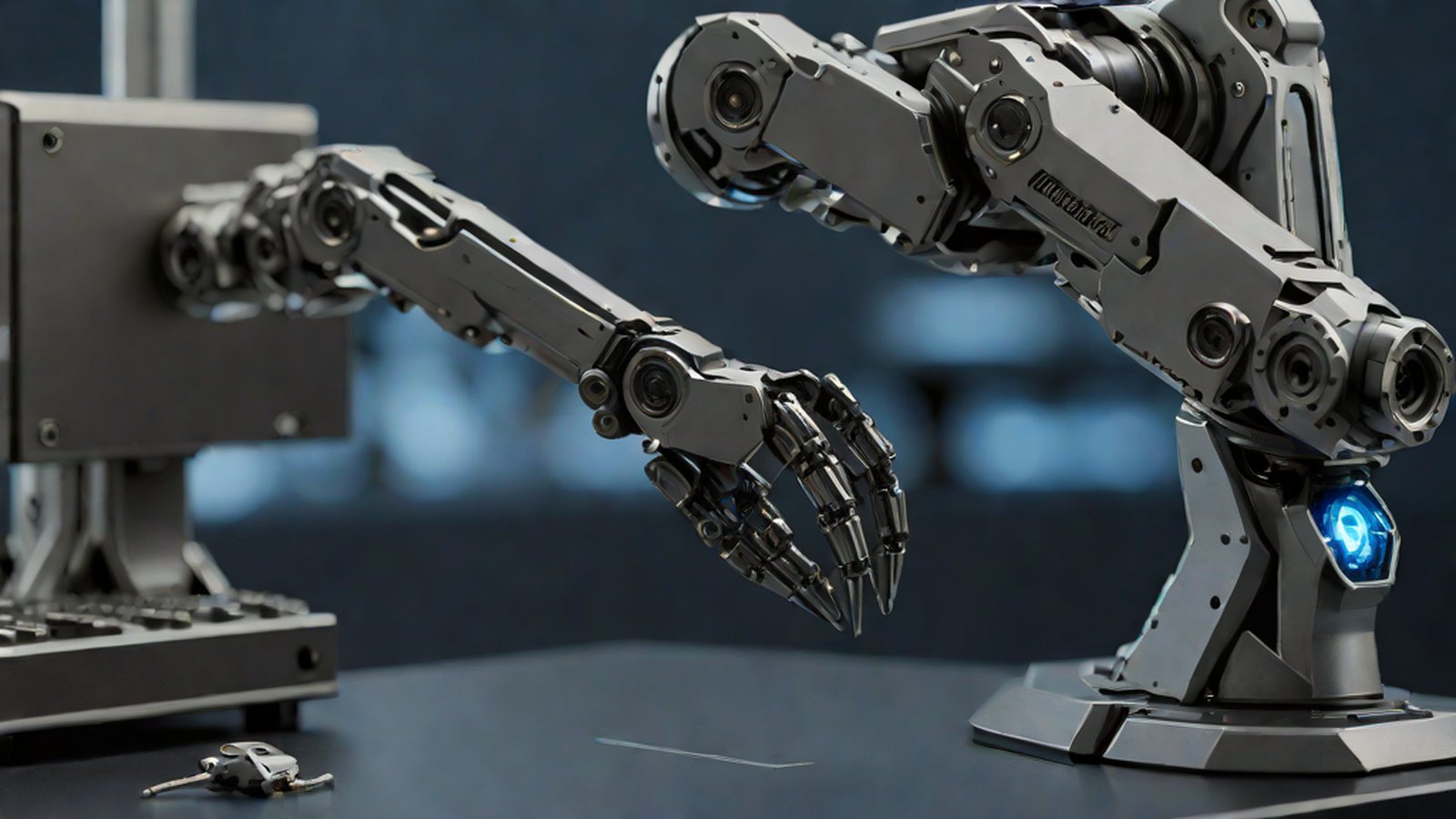 A futuristic scene of a robotic arm performing precise tasks and interacting with a human