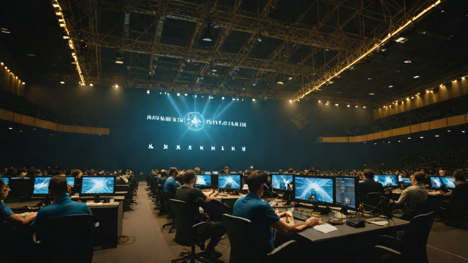 在電腦螢幕前解決複雜演算法問題的 AI 形象與金牌重疊的影像