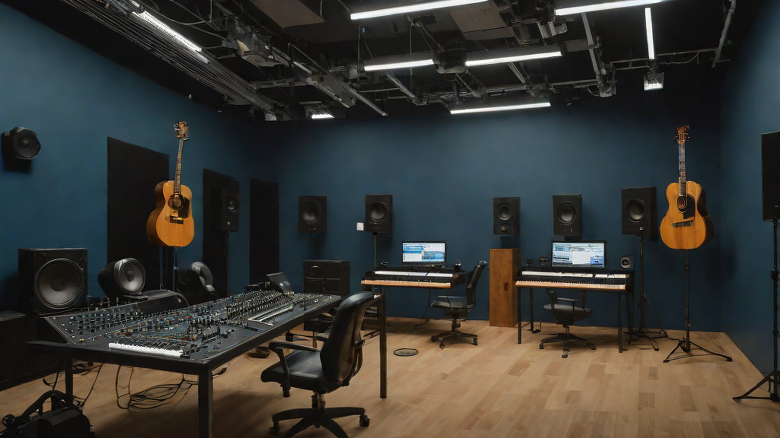 A creative workspace where a musician uses AI tools at a computer to refine sheet music and create sophisticated music.