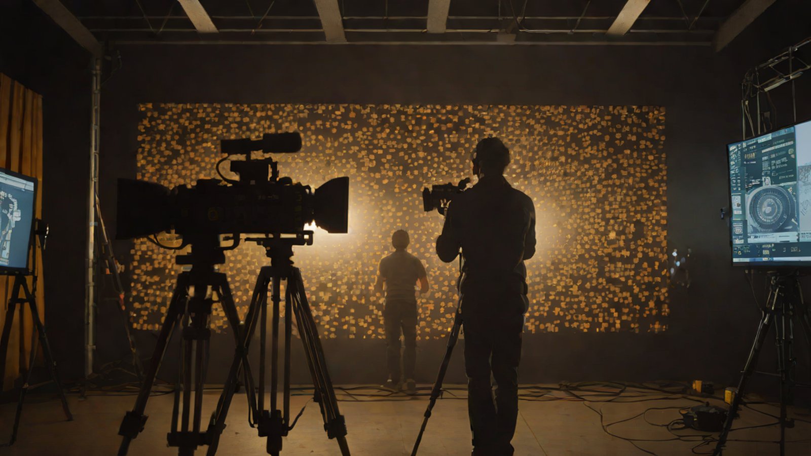 An image symbolizing the fusion of traditional movie cameras and digital AI video.