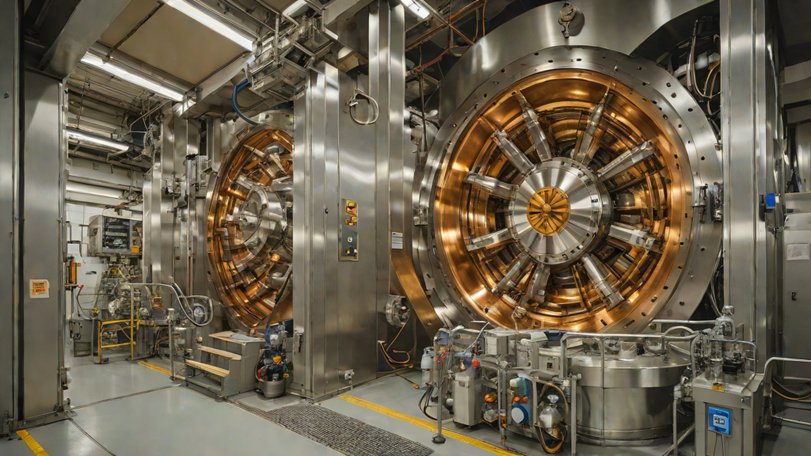 大型核融合爐內部閃耀的電漿與分析數據數位網路的視覺化圖像