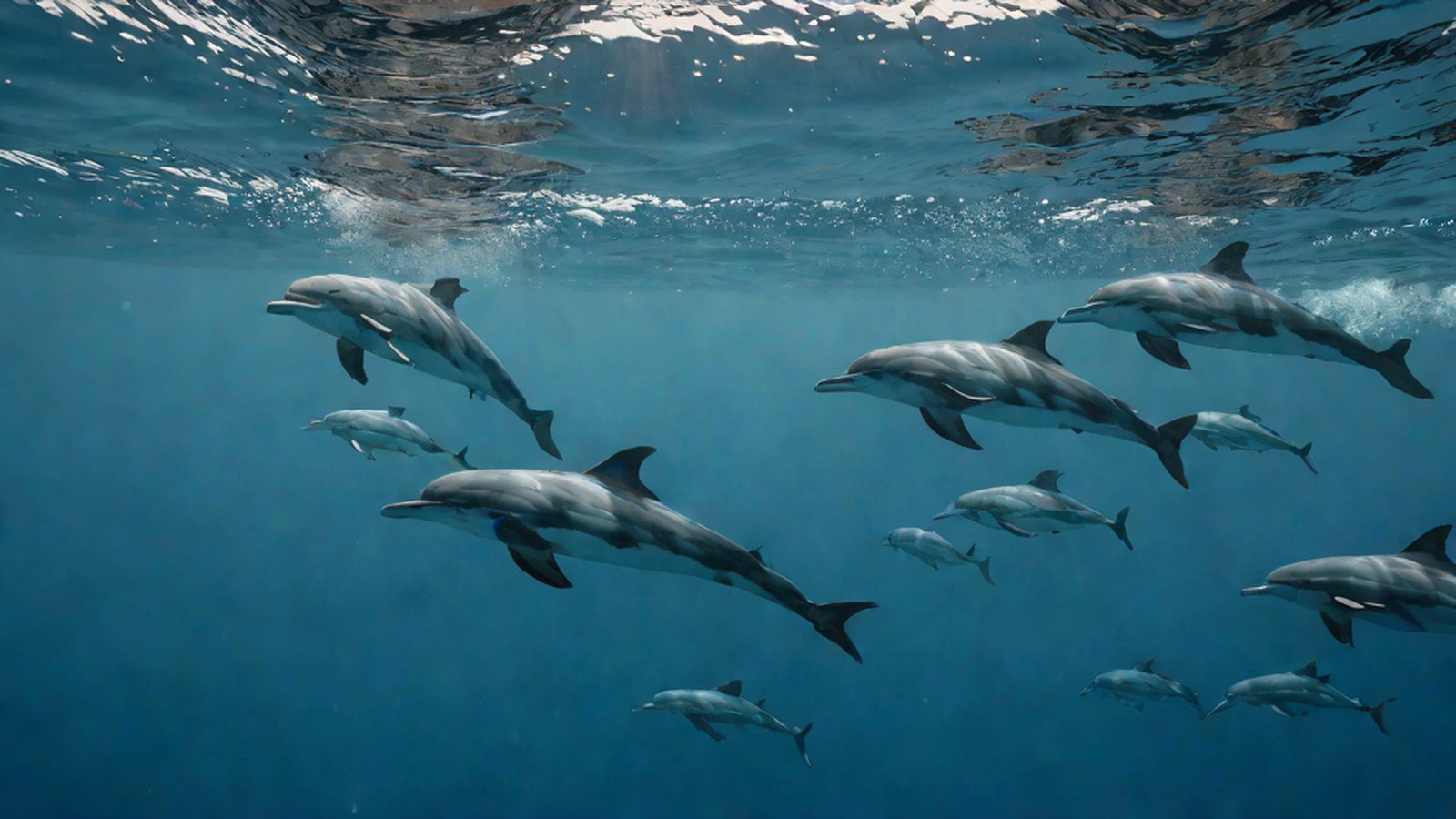 A peaceful scene of two dolphins facing each other in the ocean as if communicating