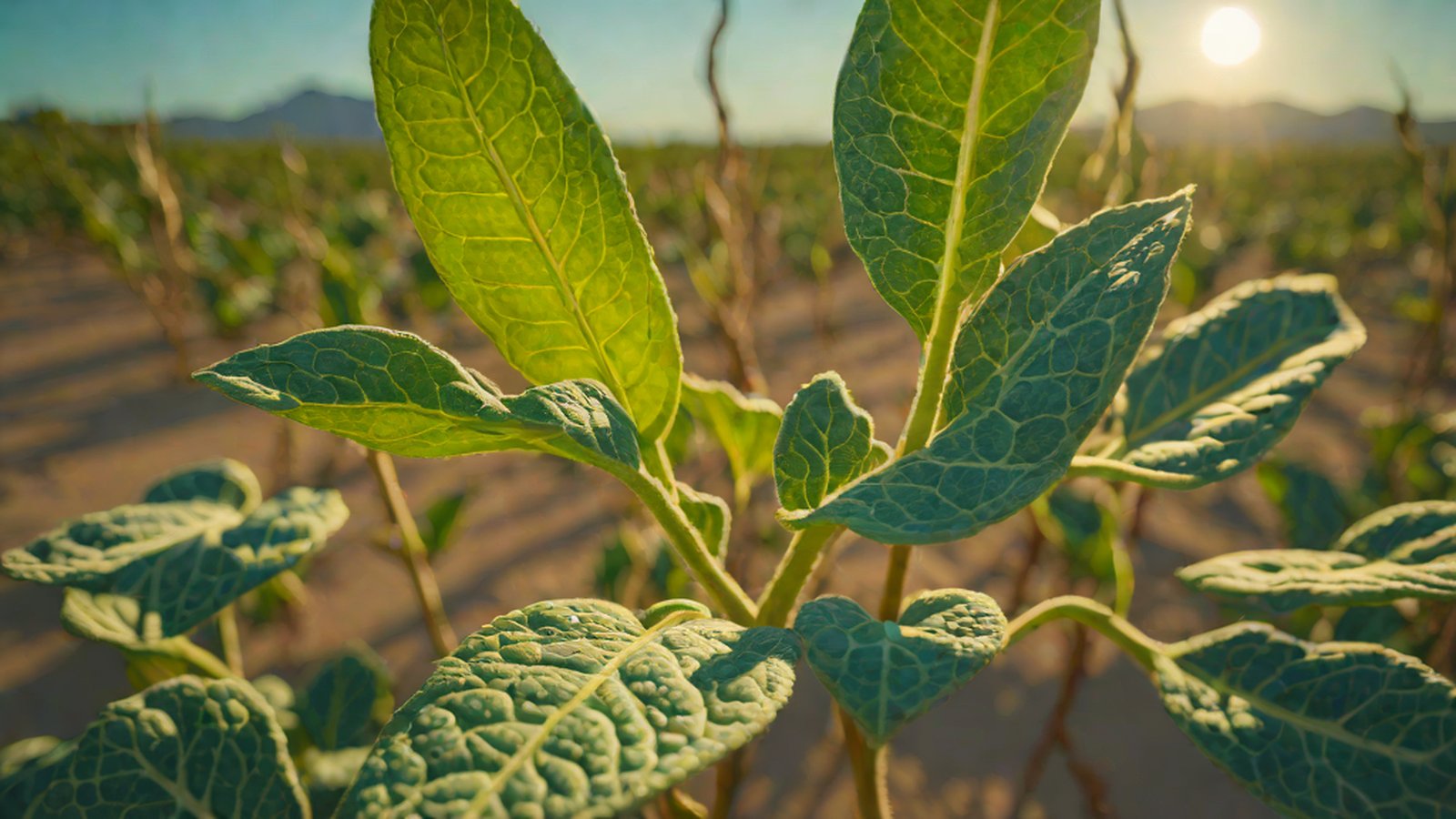 Resilient plant stems growing on cracked, drought-stricken earth, overlaid with digital data analysis