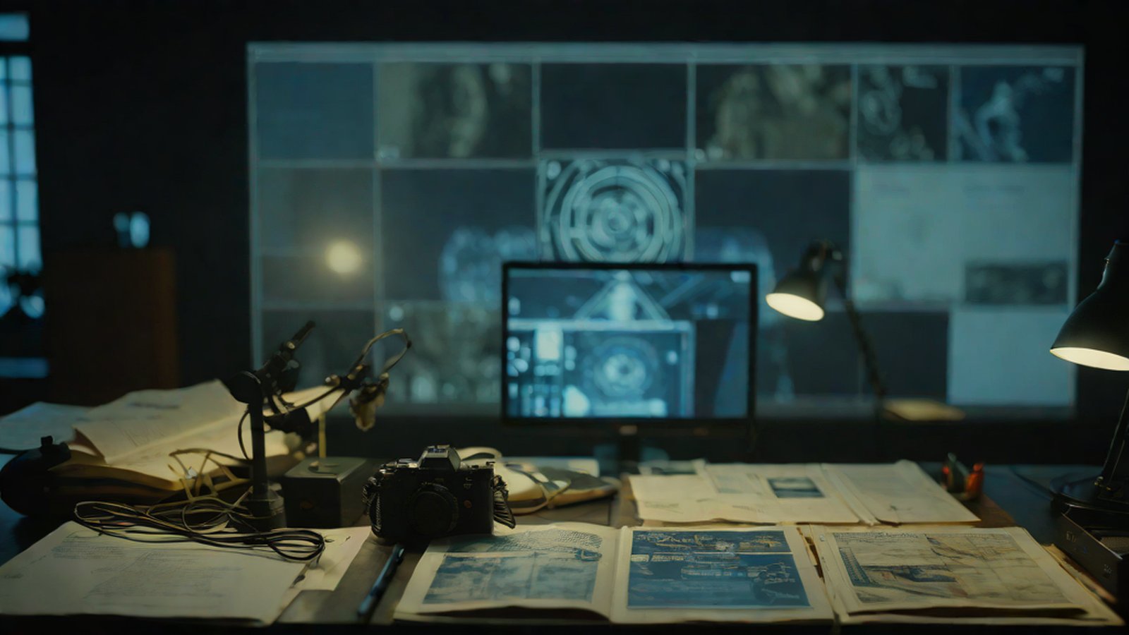 An abstract depiction of looking into a digital image with a magnifying glass to discover hidden history and data layers.