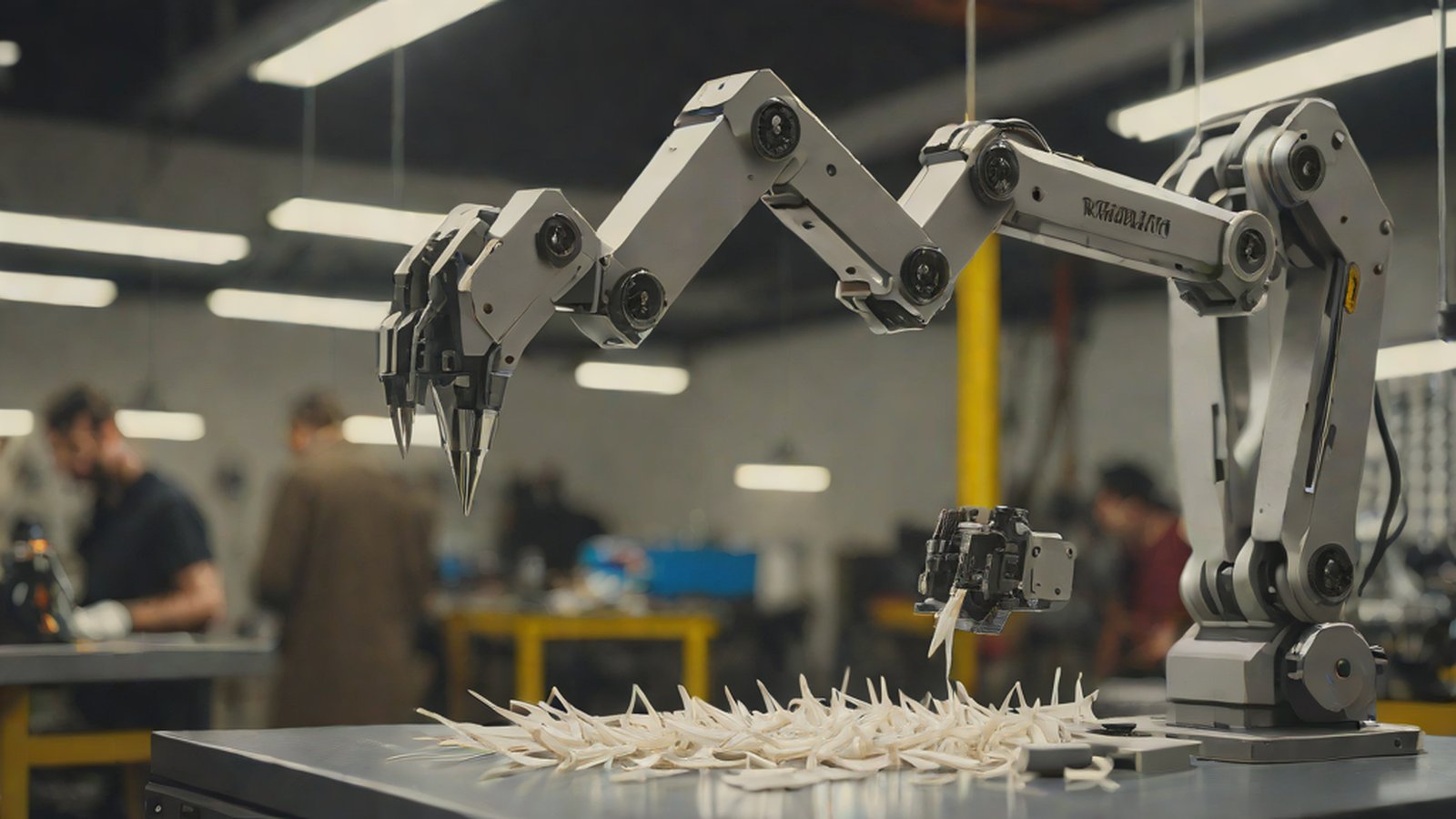 A robotic arm precisely sorting items and inspecting a complex toolbox