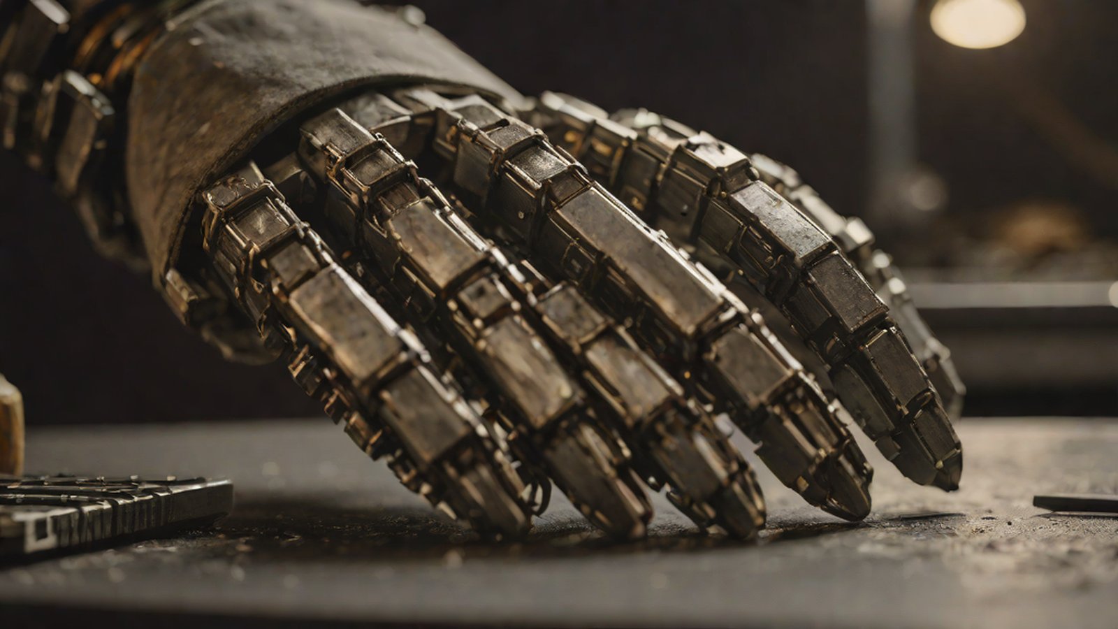 两只机器人手臂精细地拉开包的拉链或折叠衣服等协助家务劳动的未来主义场景