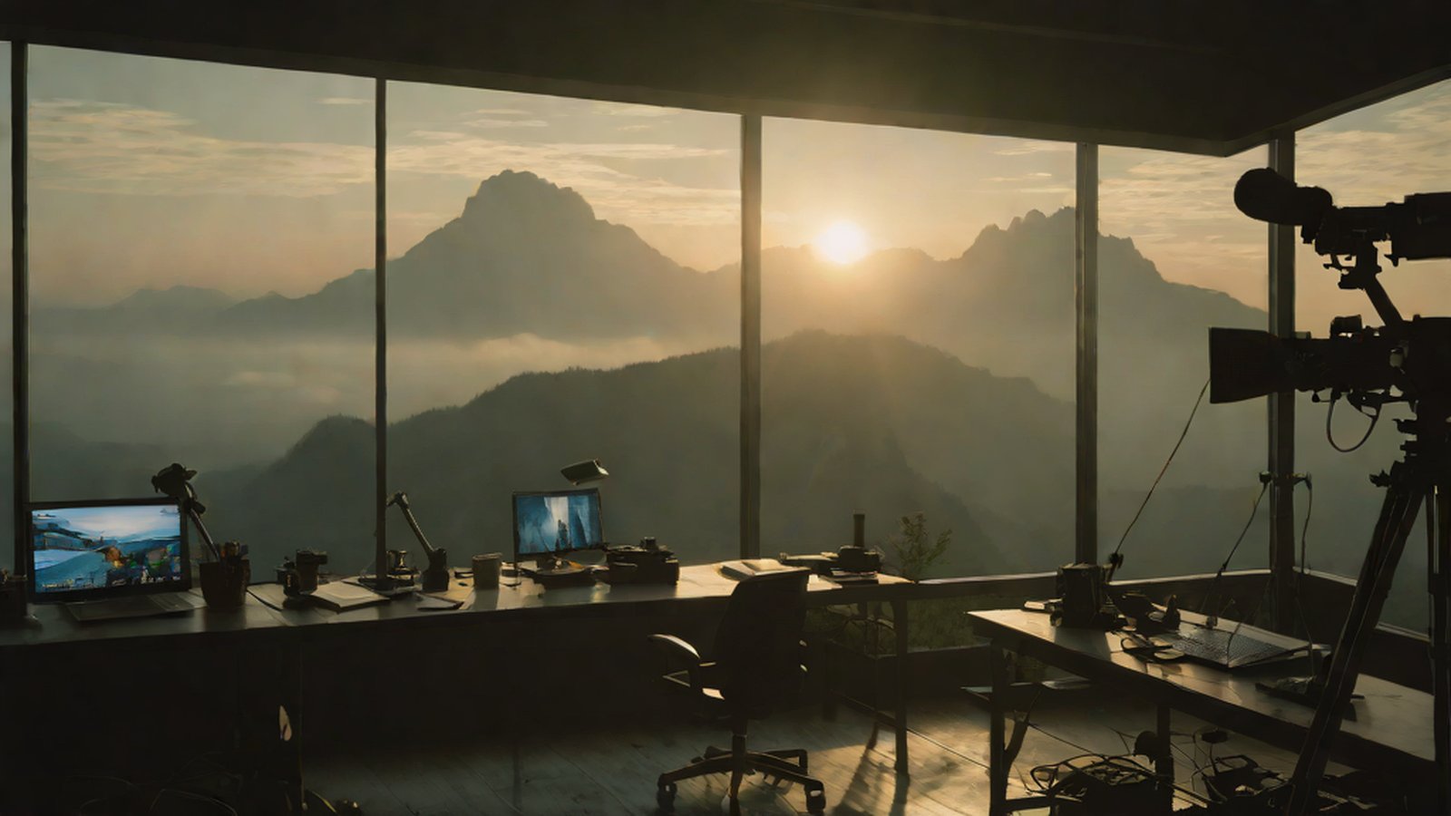 멋진 풍경을 배경으로 고성능 카메라 렌즈와 디지털 데이터가 융합되어 고화질 영상이 탄생하는 모습을 형상화한 이미지