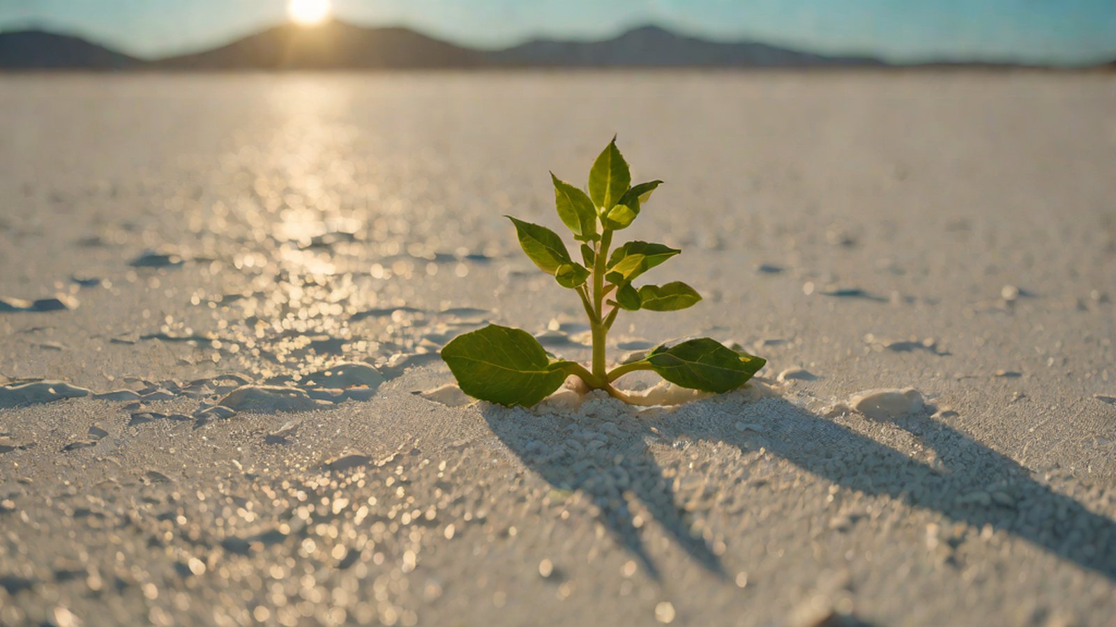 Crops sprouting green leaves under a hot sun, with a digital protein structure visible in the background