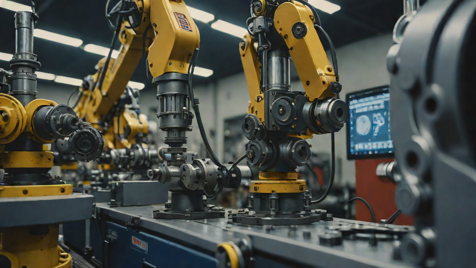 A robot arm performing precise tasks in a complex industrial environment while analyzing its surroundings from multiple angles through cameras.
