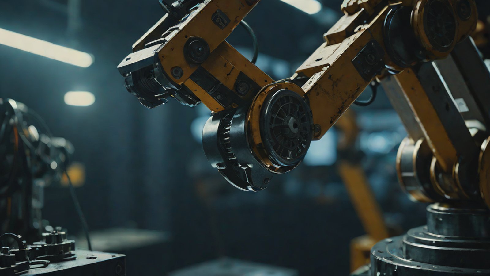An image highlighting a two-armed robot delicately handling complex objects alongside an on-device AI chip acting as the robot's brain.