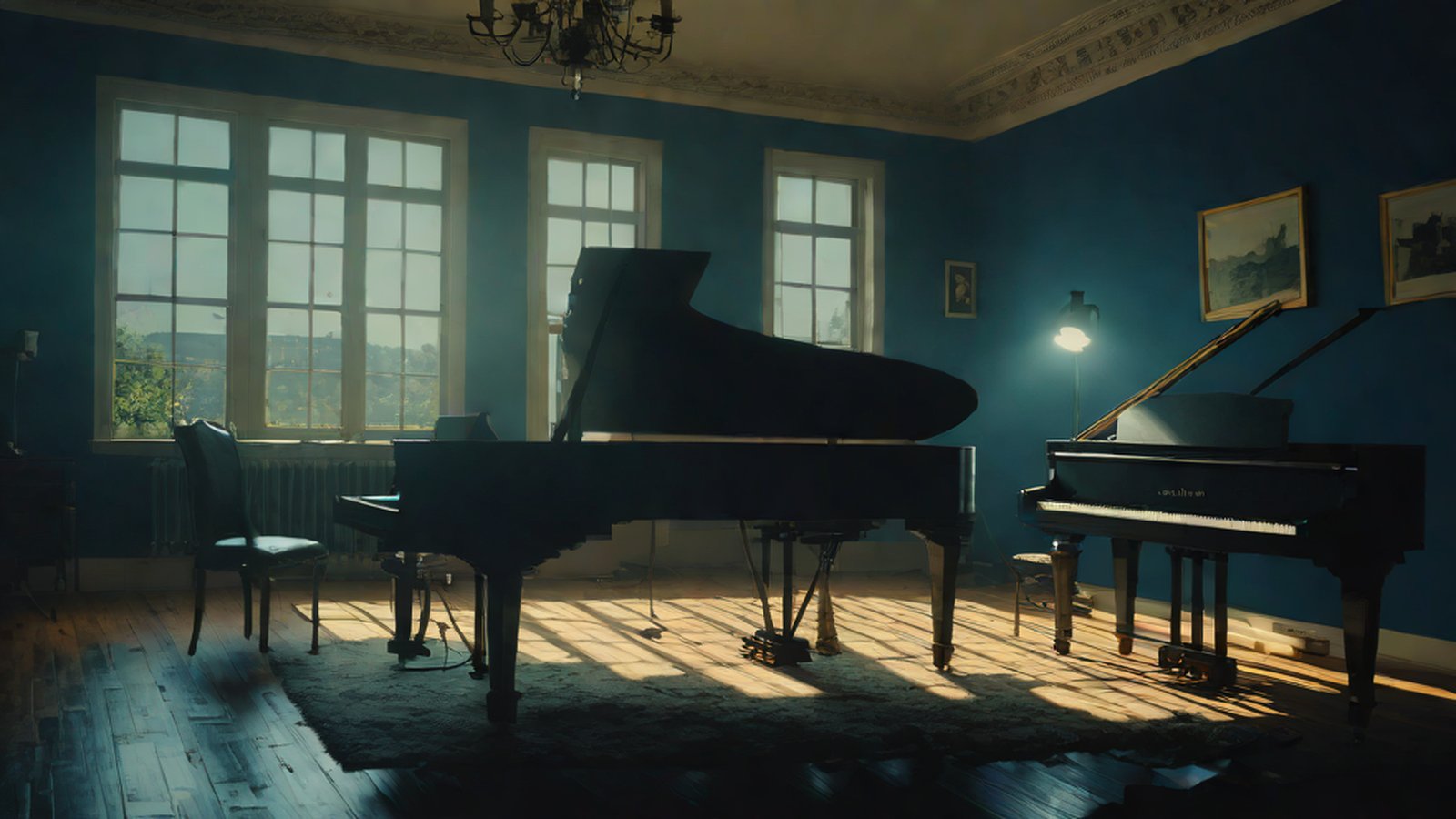 Digital art depicting a musician and AI creating a melody together under brilliant lights