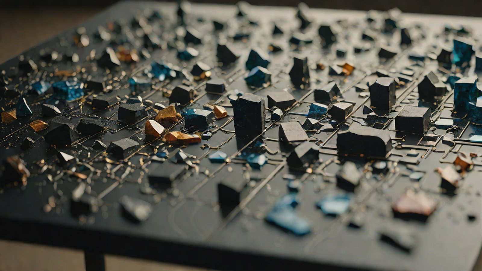 체스판 위에서 로봇의 손과 인간의 손이 마주 보고 있으며, 그 주변으로 데이터 스트림이 흐르는 모습