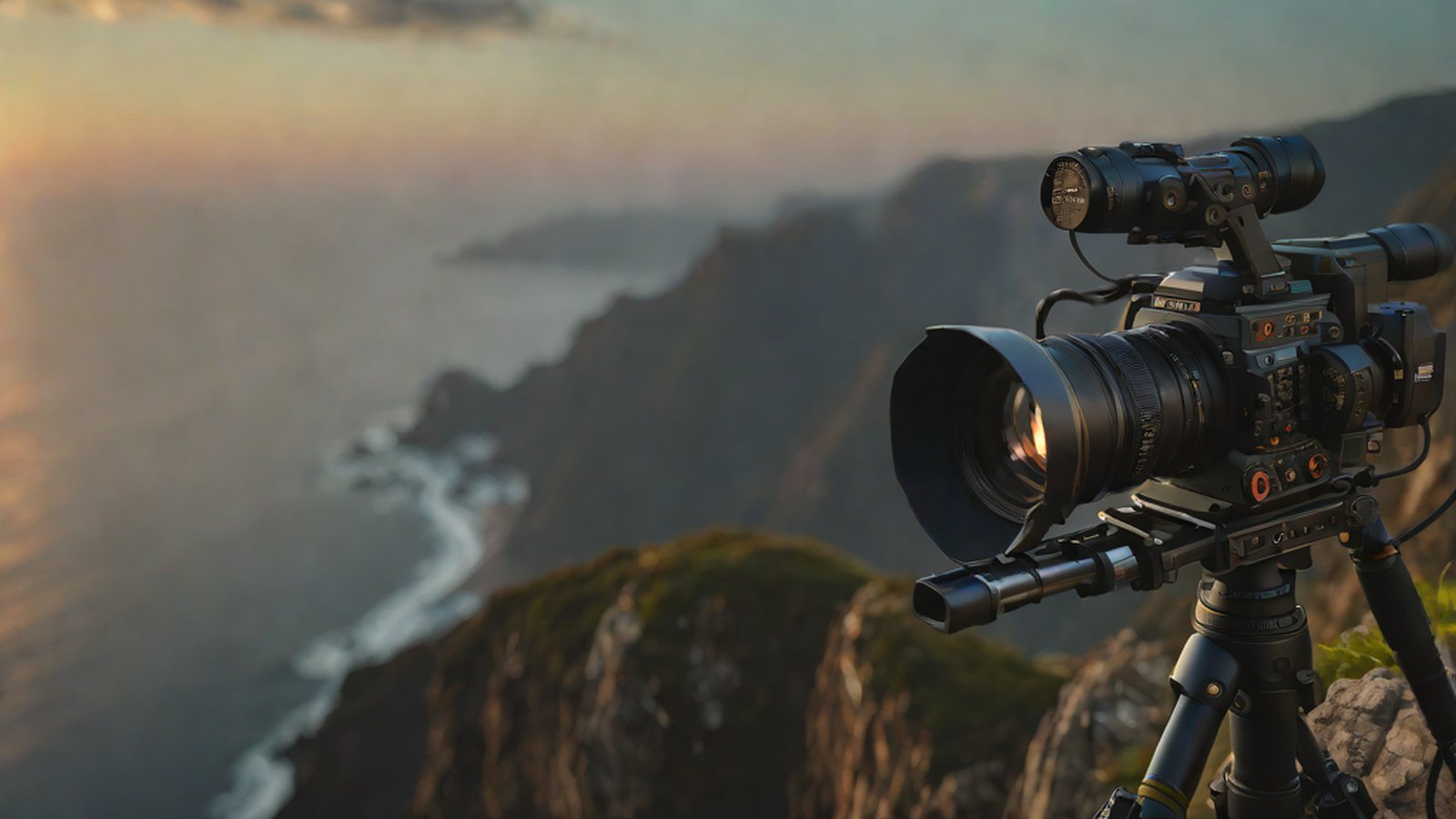 멋진 풍경 속에서 영화를 촬영하는 듯한 카메라 렌즈와 그 안에서 생성되는 화려한 디지털 아트워크 이미지