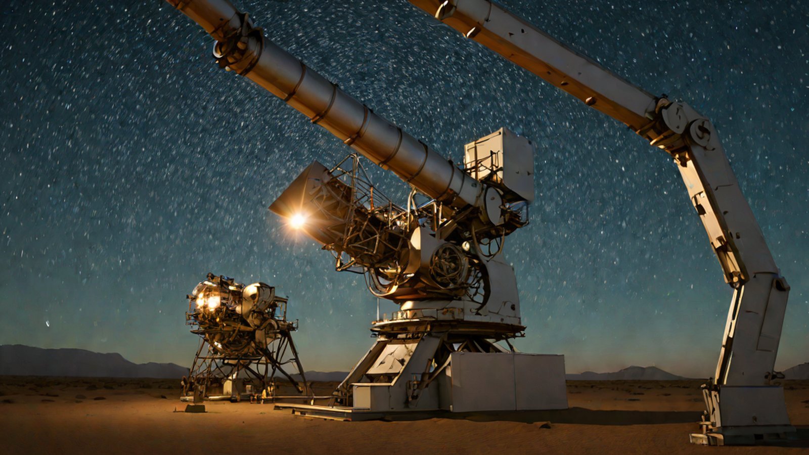 거대한 우주의 성운과 그 사이를 가로지르는 정밀한 레이저 빛의 파동이 교차하는 모습