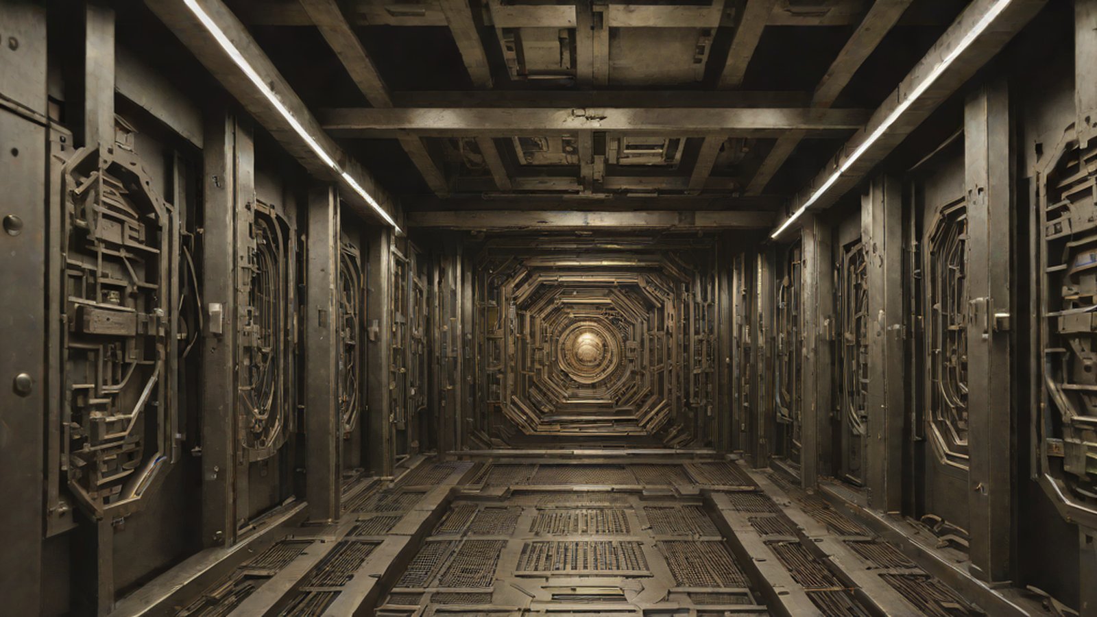 어두운 방 안에서 강력한 빛을 내뿜고 있는 거대한 AI 엔진의 모습. 주변에는 복잡한 데이터 스트림이 흐르고 있다.