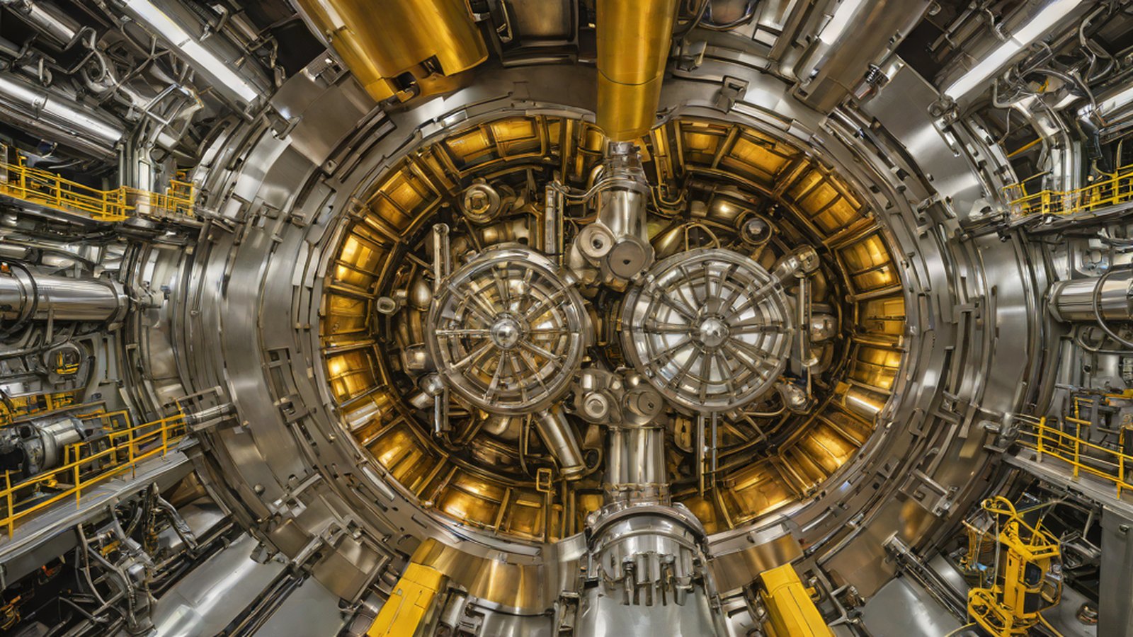 在巨大的甜甜圈形狀核融合反應爐內部，人工智慧神經網路包覆並精確控制著發出強光的超高溫電漿，呈現出充滿未來感的景象