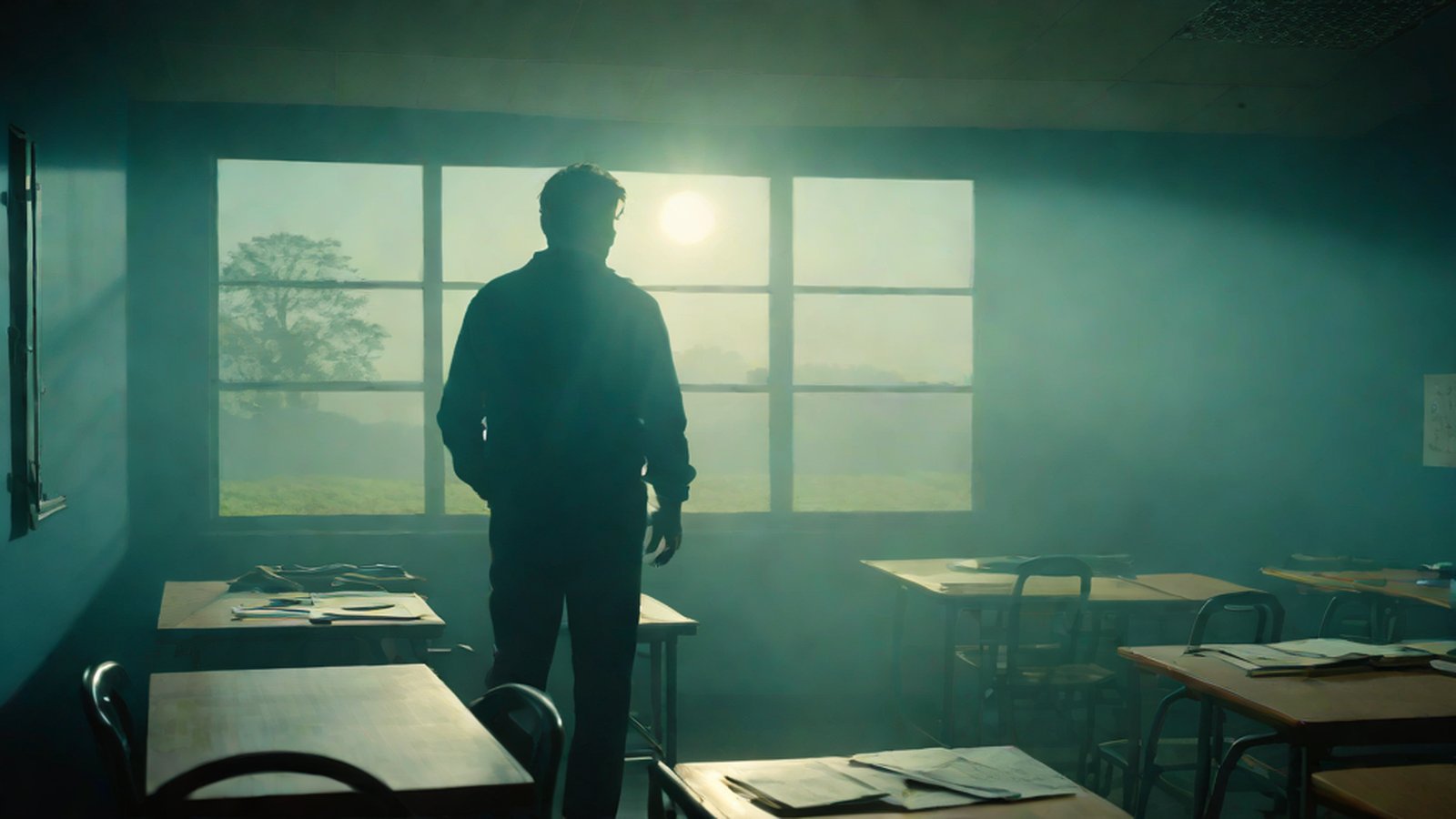 A smiling teacher preparing for class using a tablet PC and AI tools in a classroom.