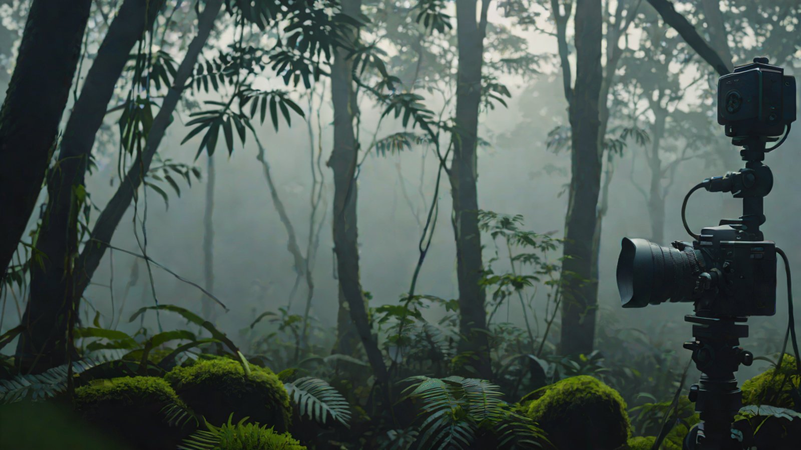 An image conceptualizing AI technology that scans and protects endangered animals, featuring a lush forest with data streams flowing over it.