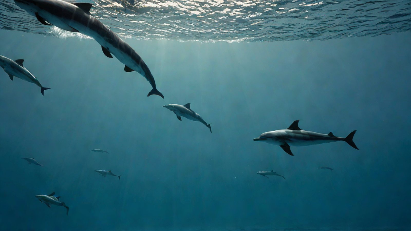A peaceful scene of dolphins swimming and communicating with each other in the deep blue sea