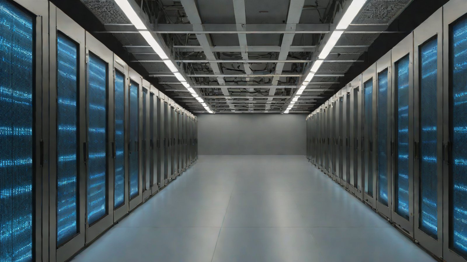 一名人物在黑暗房間中坐在筆記型電腦前，背景是流動的數位數據與人工智慧視覺化形象