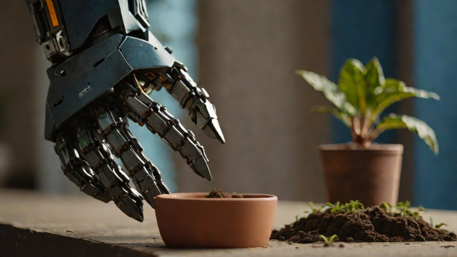 A futuristic image of a robotic arm delicately handling objects in a complex environment while interacting with humans.