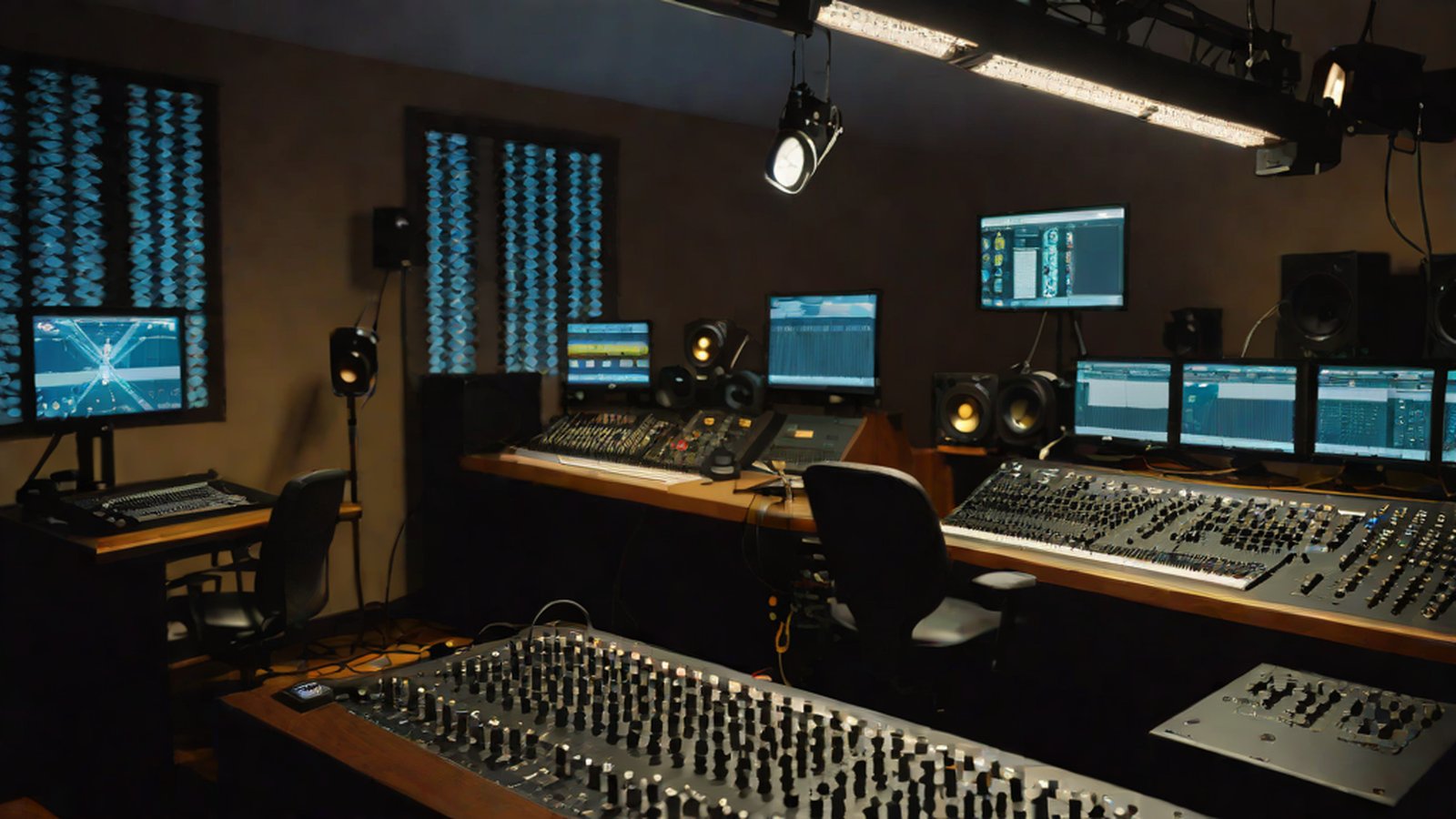 악보와 디지털 파형이 어우러진 현대적인 음악 스튜디오에서 AI가 창작을 돕는 이미지