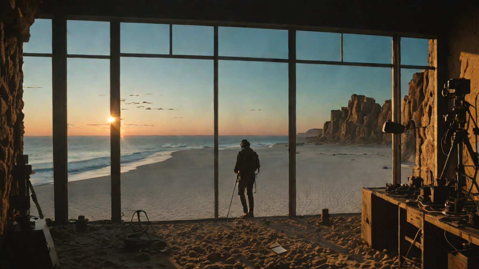 멋진 풍경 속에서 영화를 촬영하는 듯한 카메라와 디지털 캔버스가 어우러진 미래적인 창작의 모습