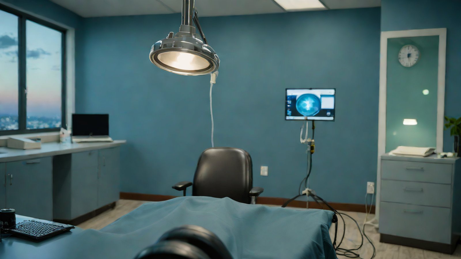 An image depicting a future hospital where a doctor and AI collaborate while analyzing patient data together.