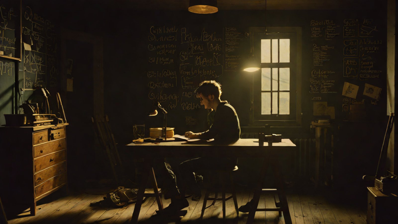 A young man sitting in front of a computer, conversing with ChatGPT while looking at complex mathematical equations.