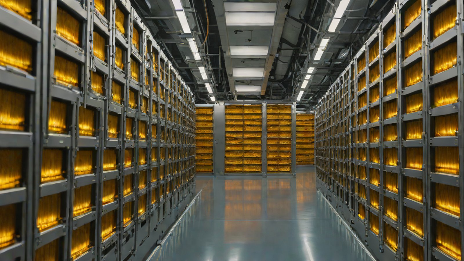 A futuristic image of a brain-shaped circuit connected to a data storage warehouse