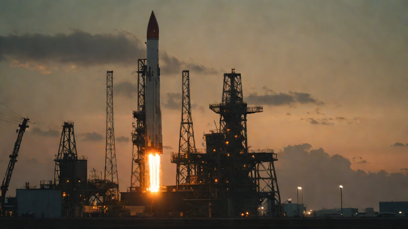An investor standing in front of a giant rocket launch pad and a glowing artificial intelligence brain model, looking seriously at complex stock charts