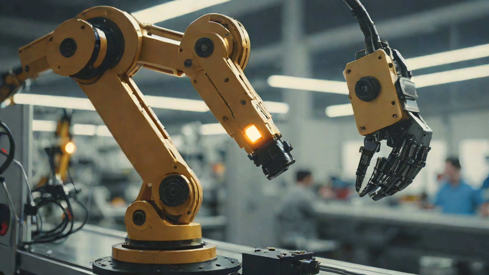 A warm scene in a bright and modern factory where a robotic arm and a human worker are collaborating and conversing naturally