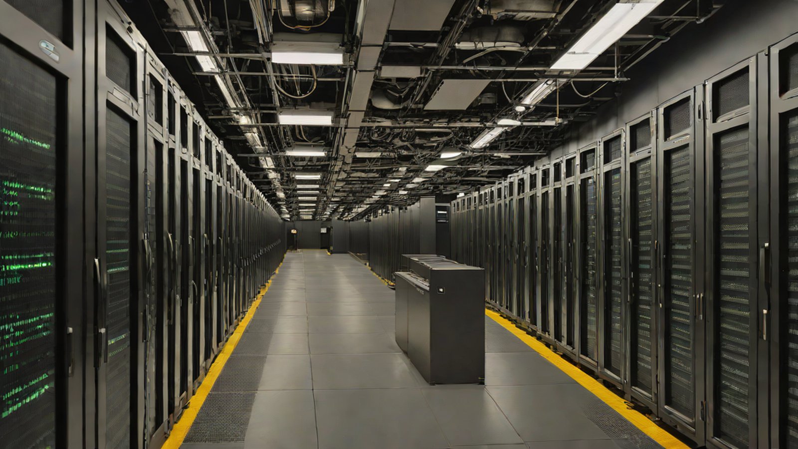 A 3D illustration depicting bright, modern AI light seeping through massive older server computers and reconnecting the systems anew