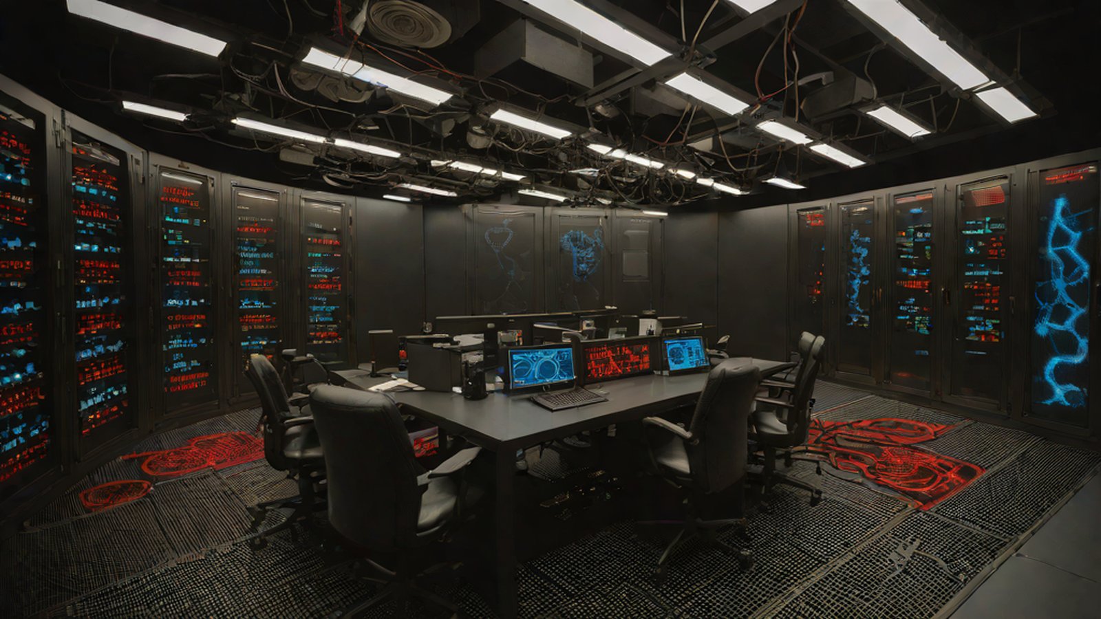 A robot coldly staring at a red nuclear missile launch button in a dark room