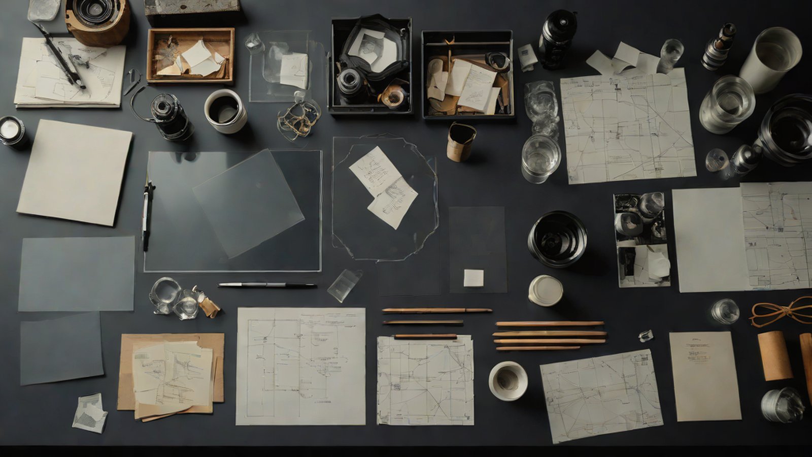 Two robots collaborating. One is unfolding a large blueprint and giving instructions, while the other is precisely assembling blocks.