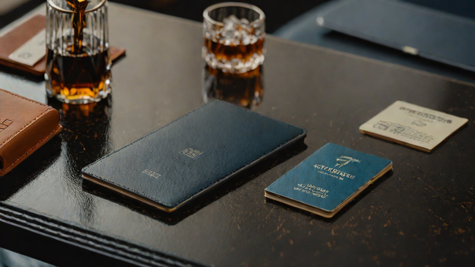 An airplane model, credit cards, and a passport placed on top of a travel bag