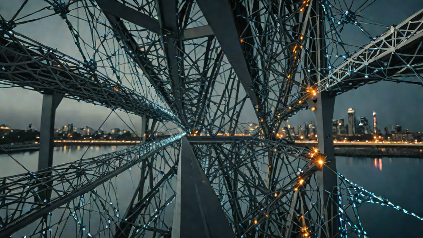 Abstract graphic image of TypeScript code and a database connected by a bridge