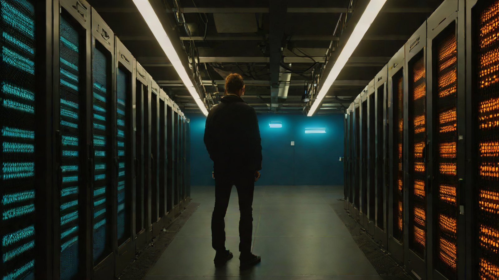 An image showing the back of a researcher leaving an office where the Google DeepMind logo is faintly visible.