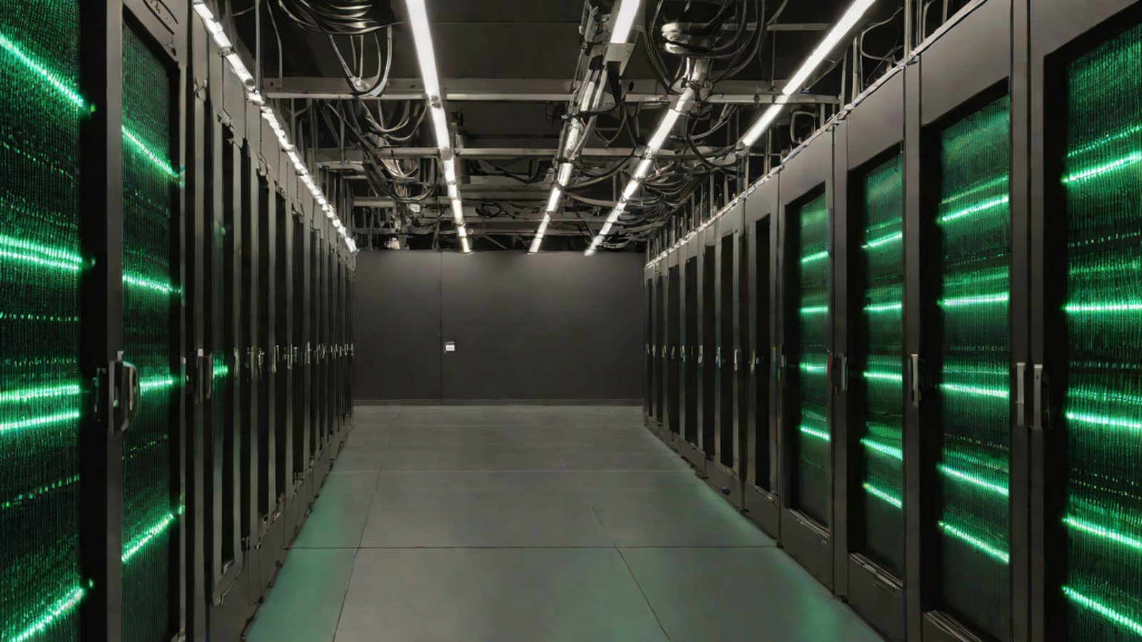 データセンターのサーバー室の前で、人工知能モデルがデータを分析している様子を表現したデジタルアート。