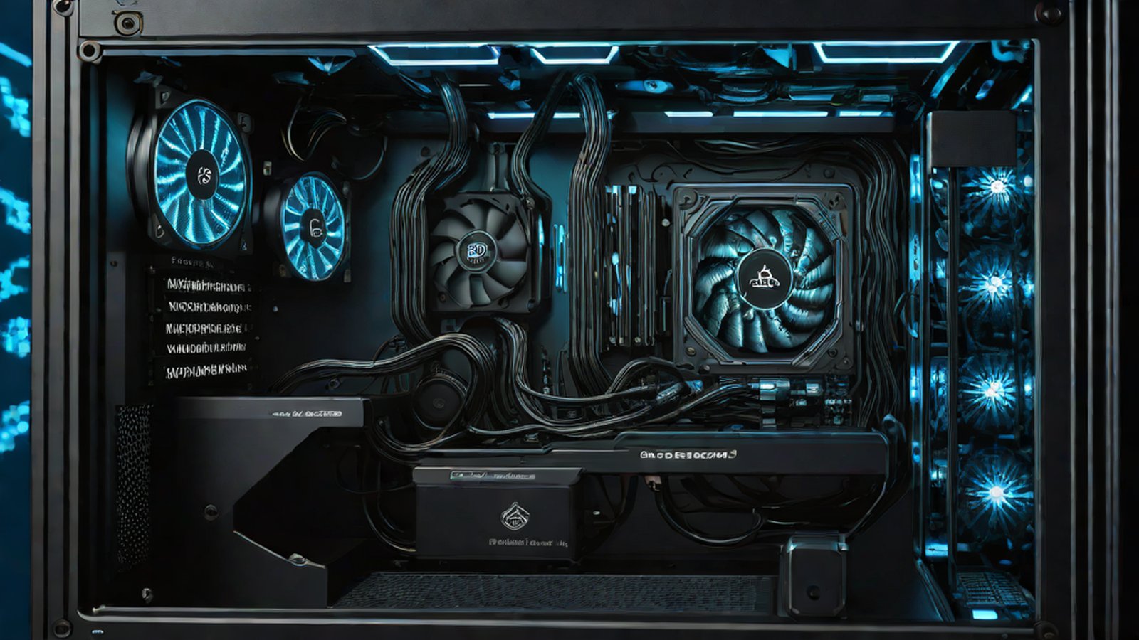 화려한 RGB 조명이 비치는 게이밍 PC 본체 옆 모니터에 복잡한 AI 구동 화면이 떠 있는 모습.