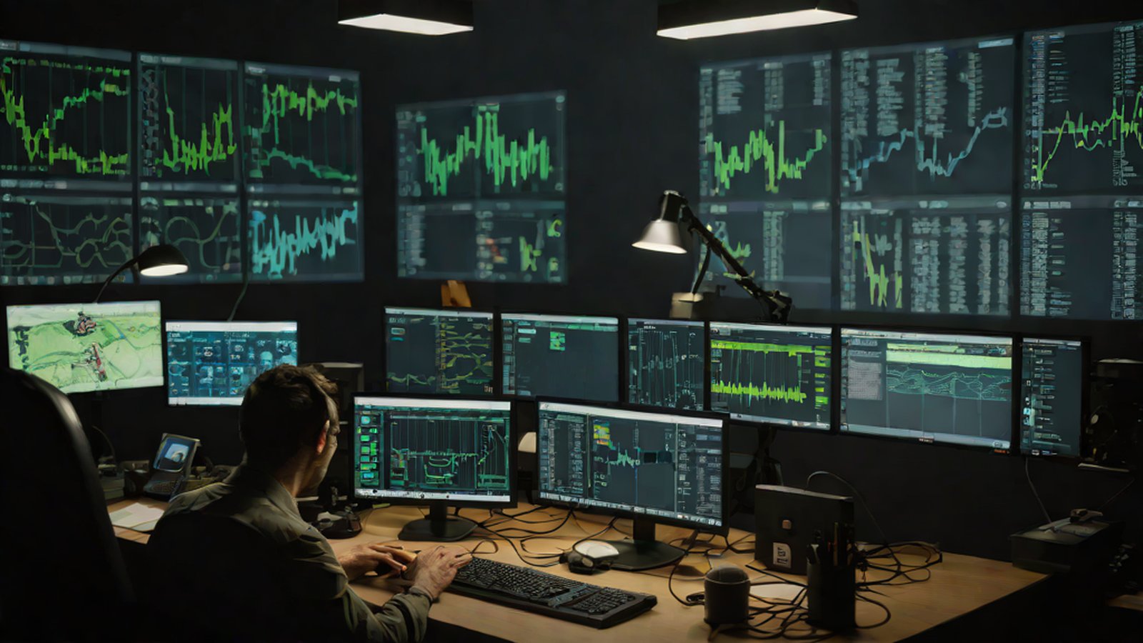 A futuristic office scene where an AI agent generates complex code and a human reviews the results on a monitor.