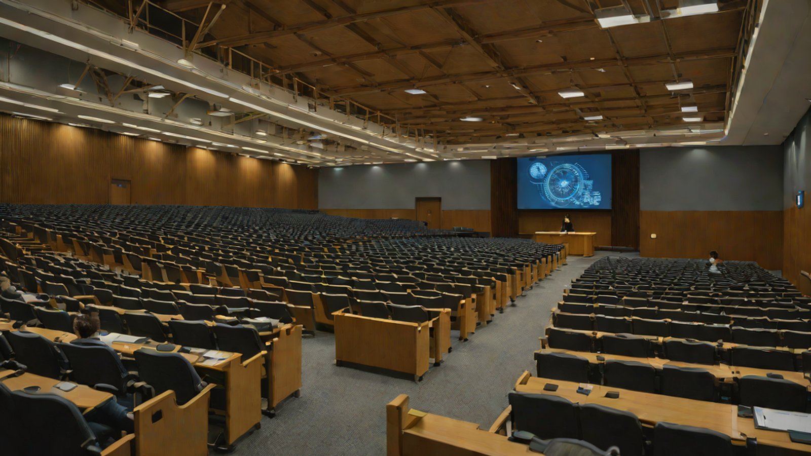卡内基梅隆大学的教室全景及显示深度学习课程进度的数字屏幕。