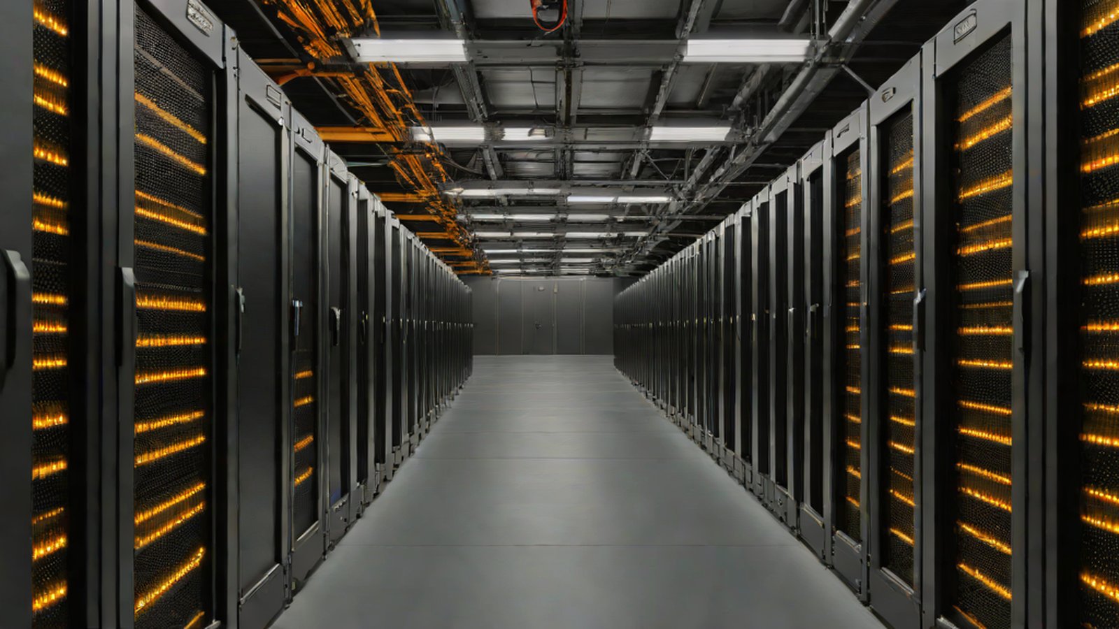 A visual representation of numerous server racks in a data center connected by fiber optic cables.