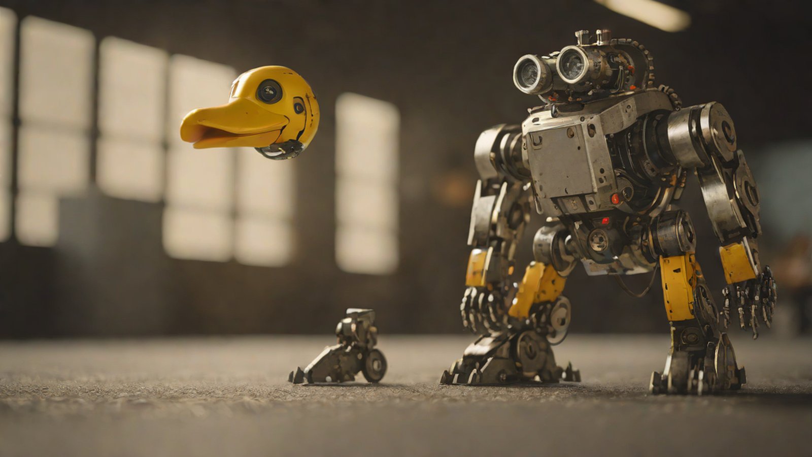 站在桌上的可爱鸭子形状机器人Microduck。